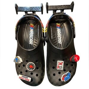 NWOT Nascar Adult CROCS Black Novelty Racing Shoes.  Size 7 Men’s/9 Women’s.